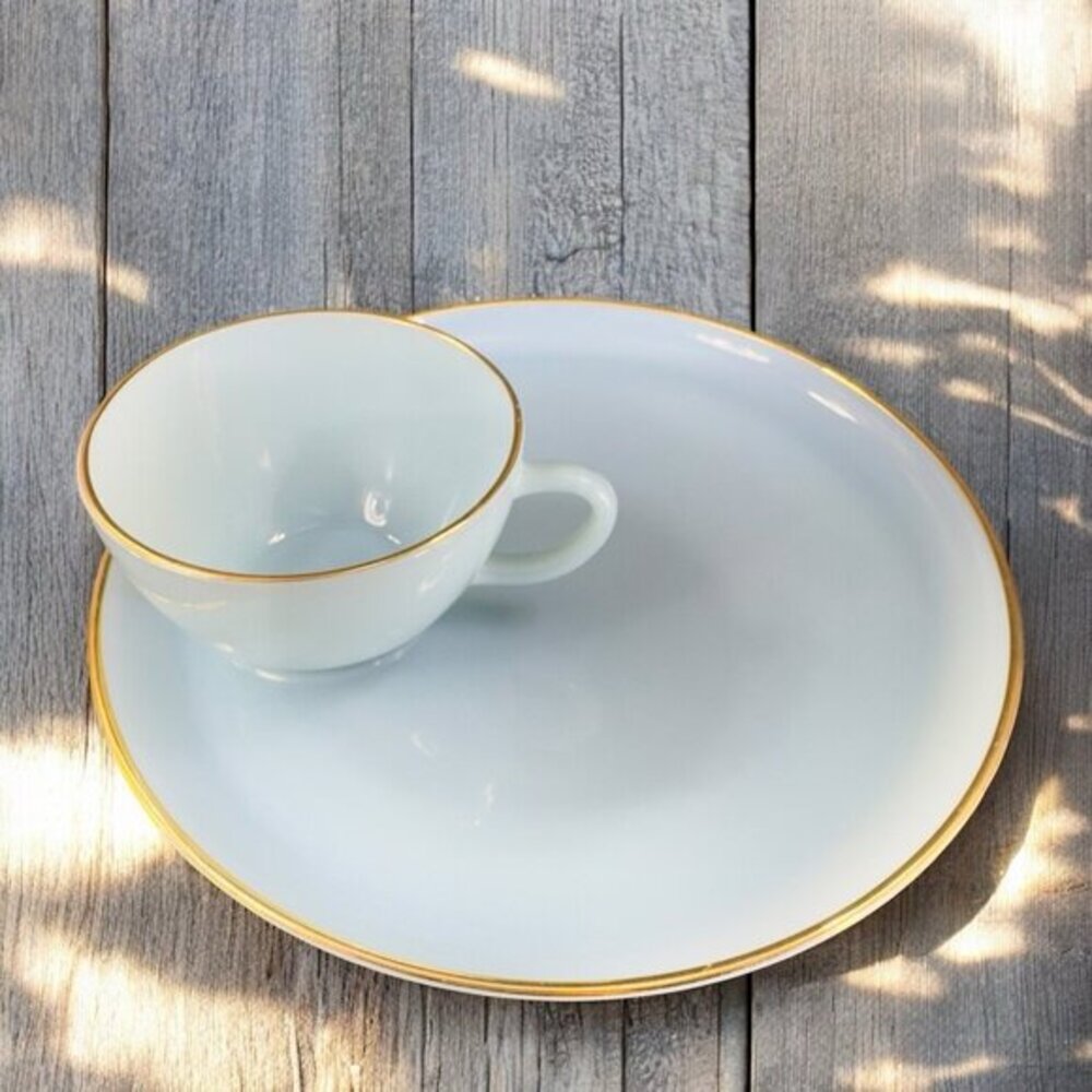 Anchor Hocking Fire King Blue Turquoise Lunch Snack Plate and‎ Cup Set Vintage